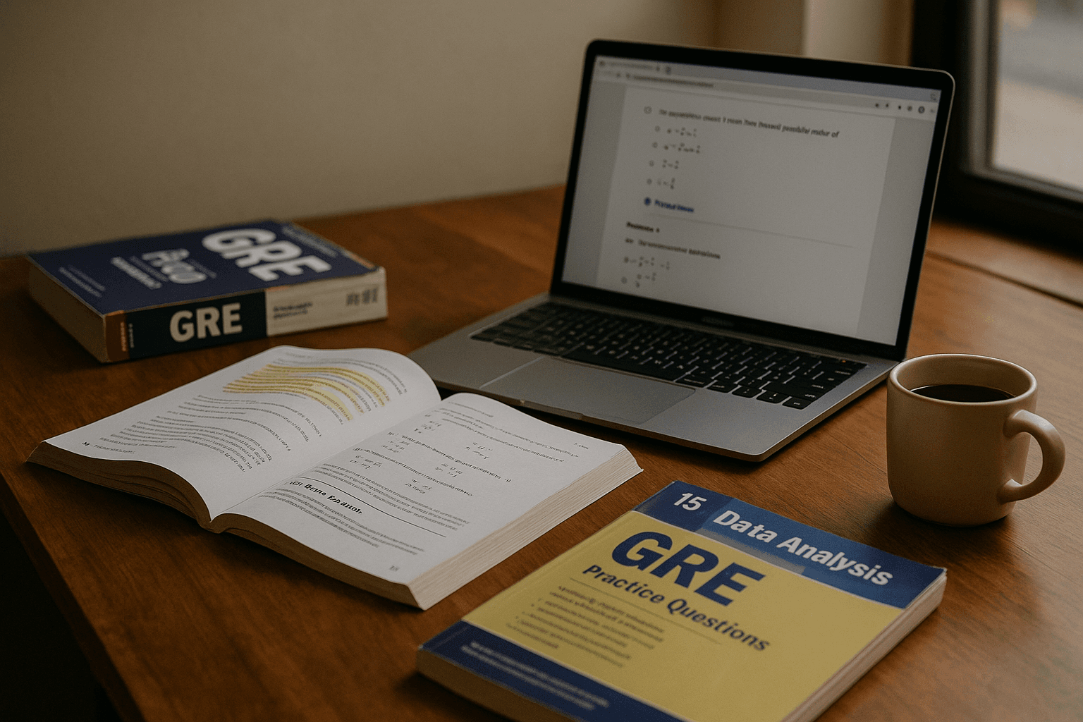 GRE prep materials and a laptop on a study desk.
