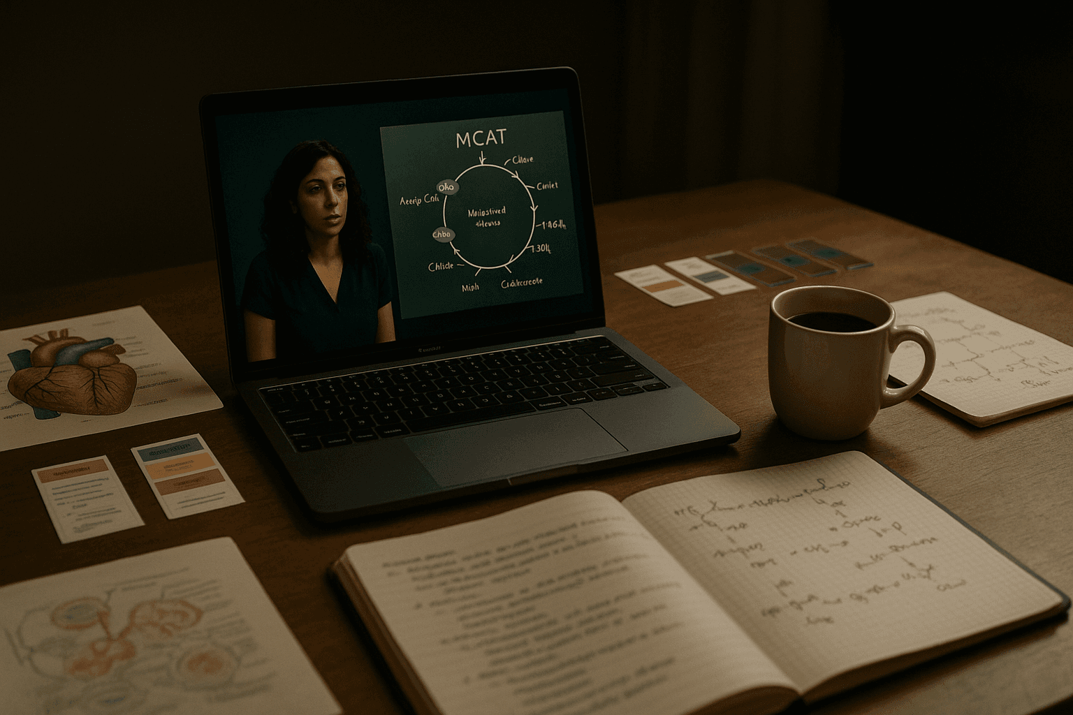 A laptop with MCAT video lessons and study materials on a desk.