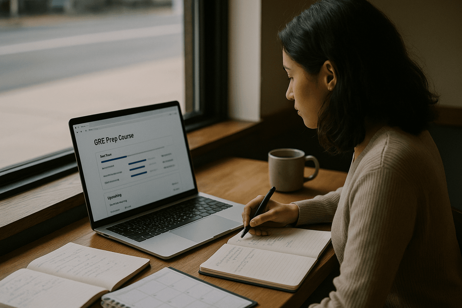Laptop with GRE prep course interface, study notes, coffee