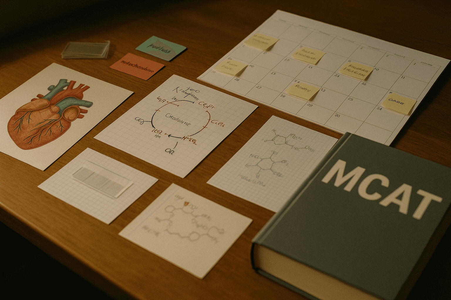 MCAT study desk with prep books and annotated calendar