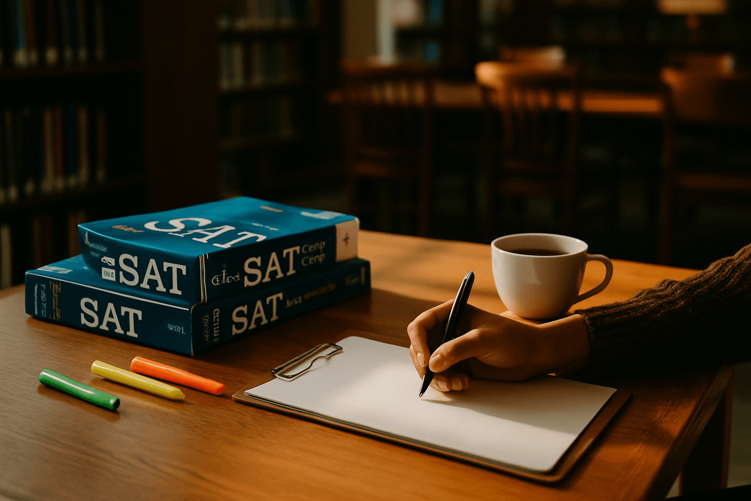 Study desk with SAT prep books and highlighters in warm afternoon light.