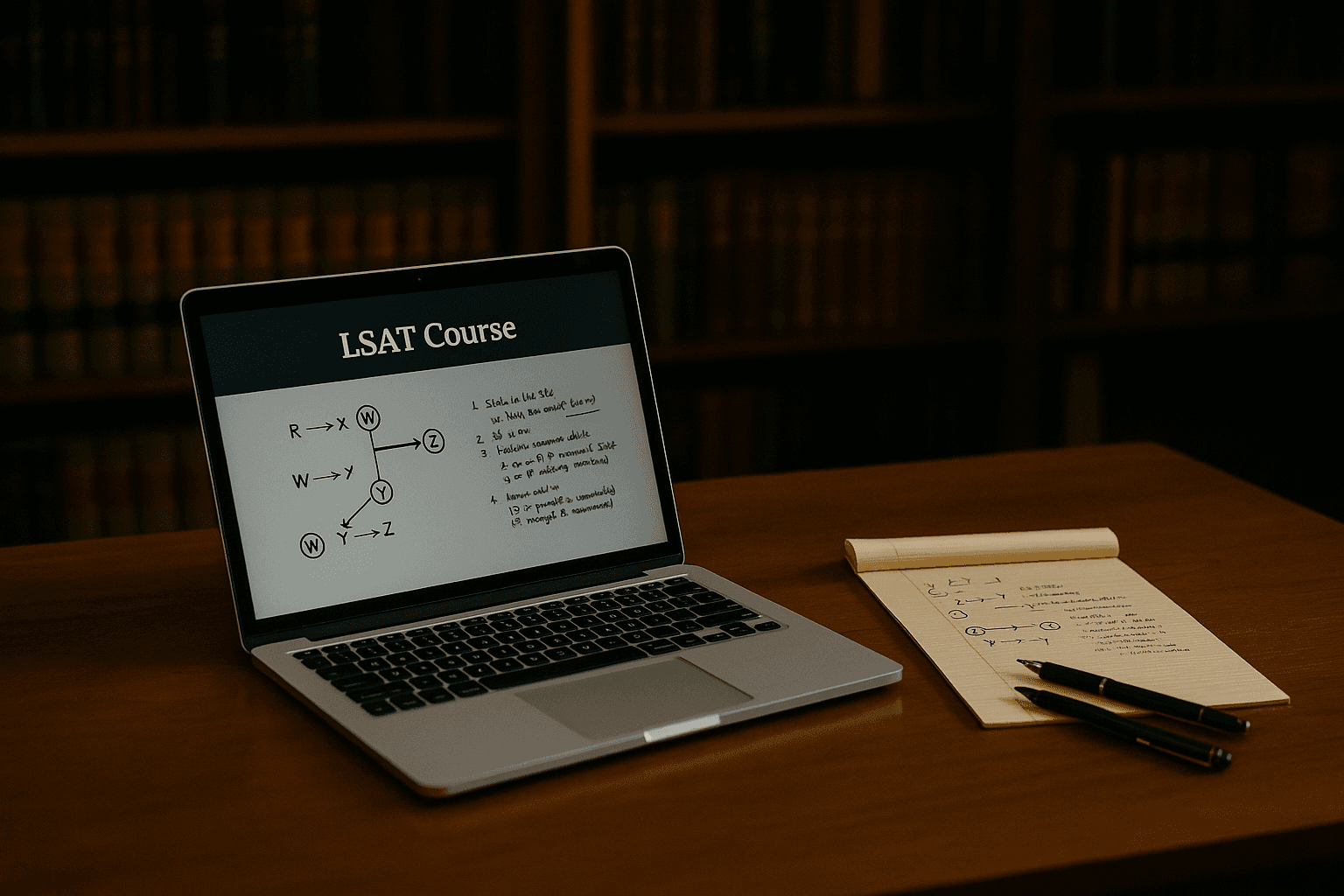 Laptop showing LSAT course material with law books and a notepad
