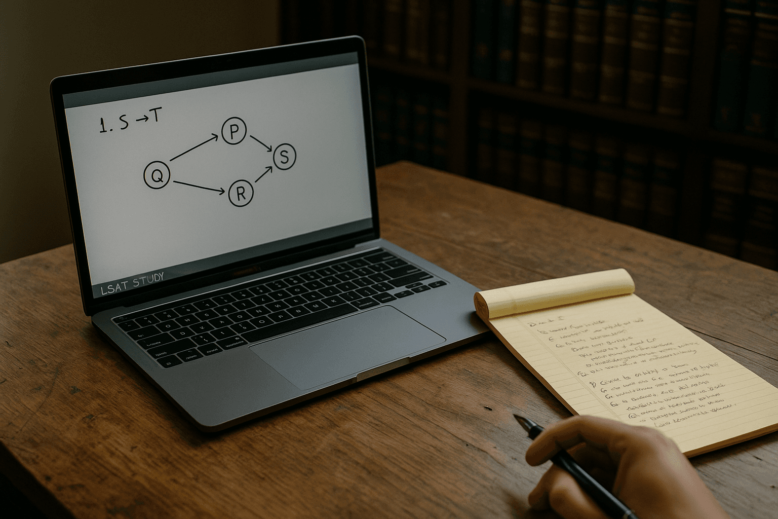 Laptop showing LSAT study video with notes beside it.