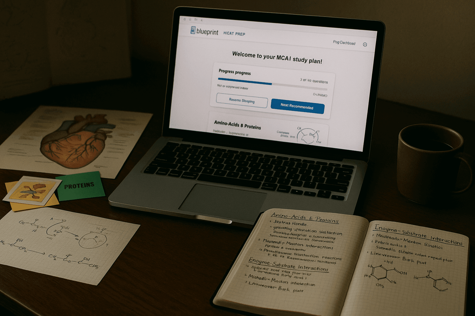 Laptop showing Blueprint MCAT prep next to study notes and coffee