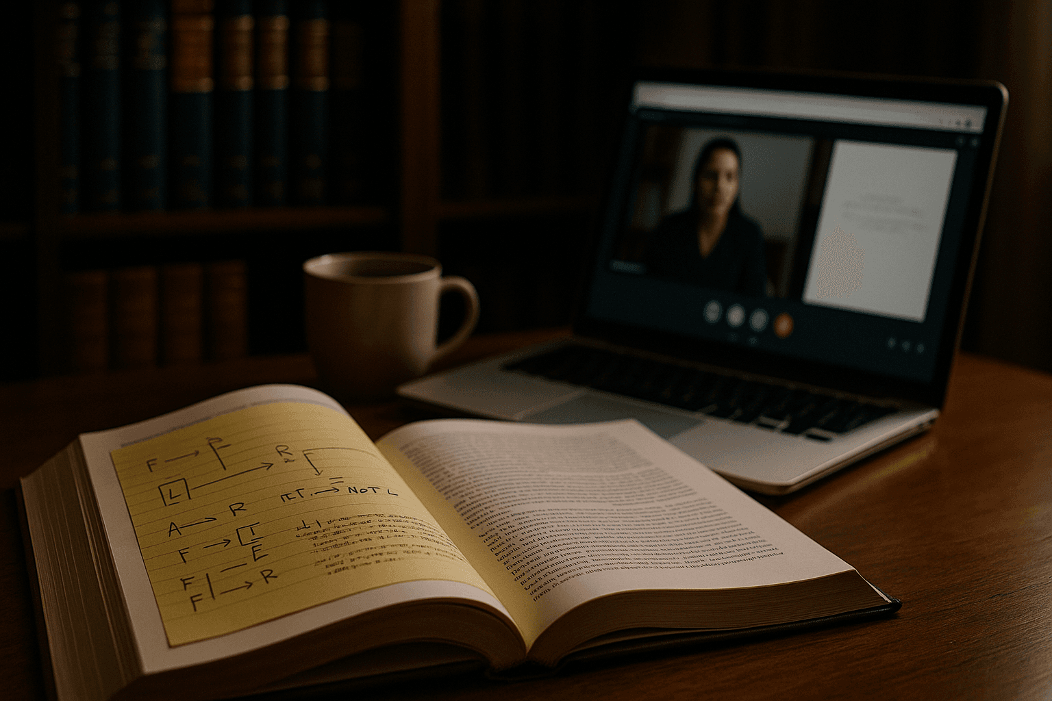LSAT study materials and laptop for online course