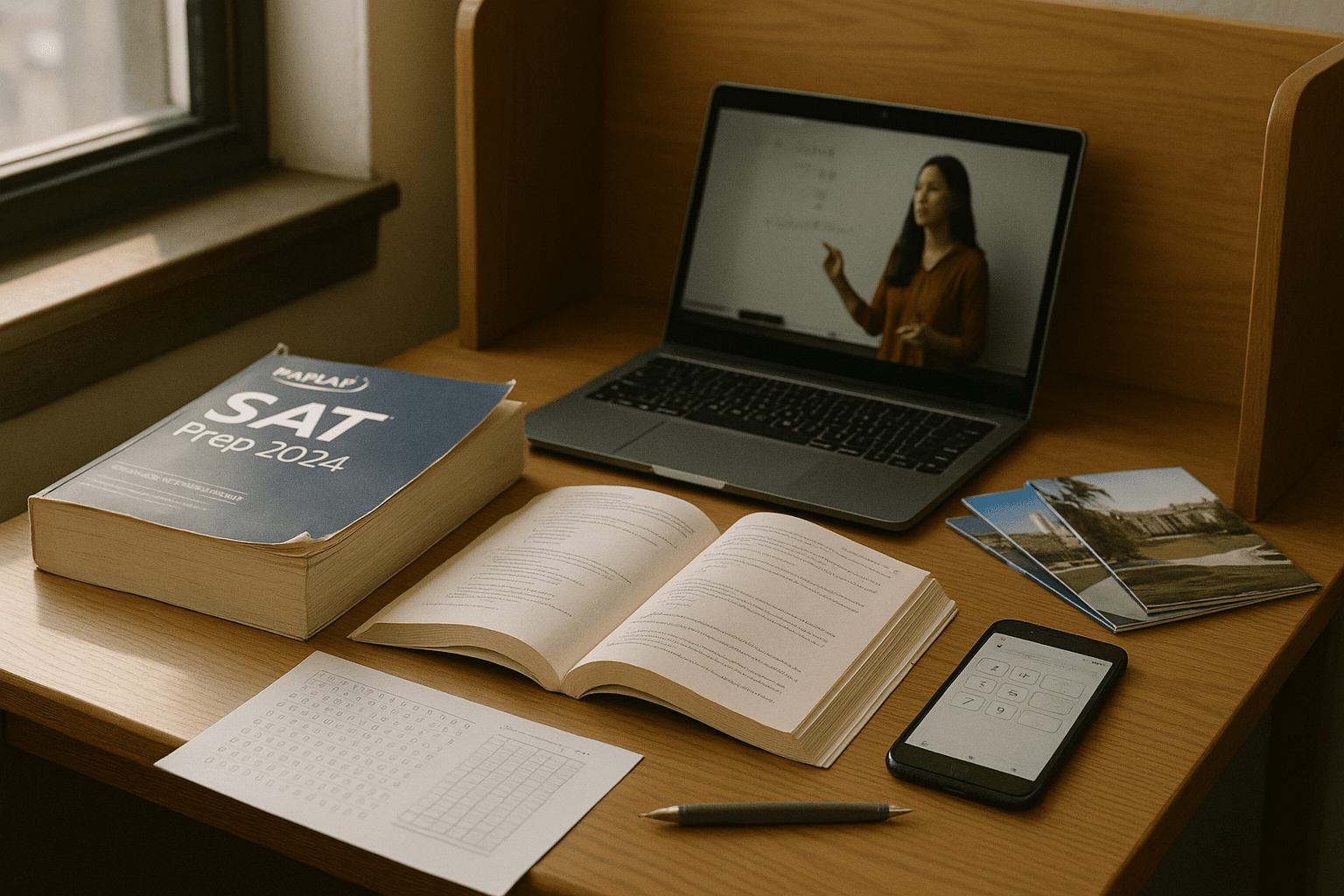 Desk with Kaplan SAT Prep book, laptop showing video lessons, and smartphone app.