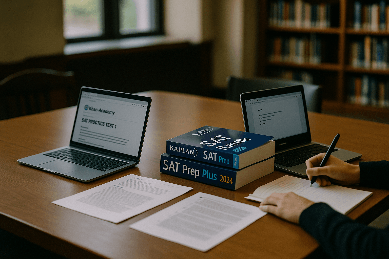 Two desks with different SAT prep materials: Khan Academy laptop and Kaplan books