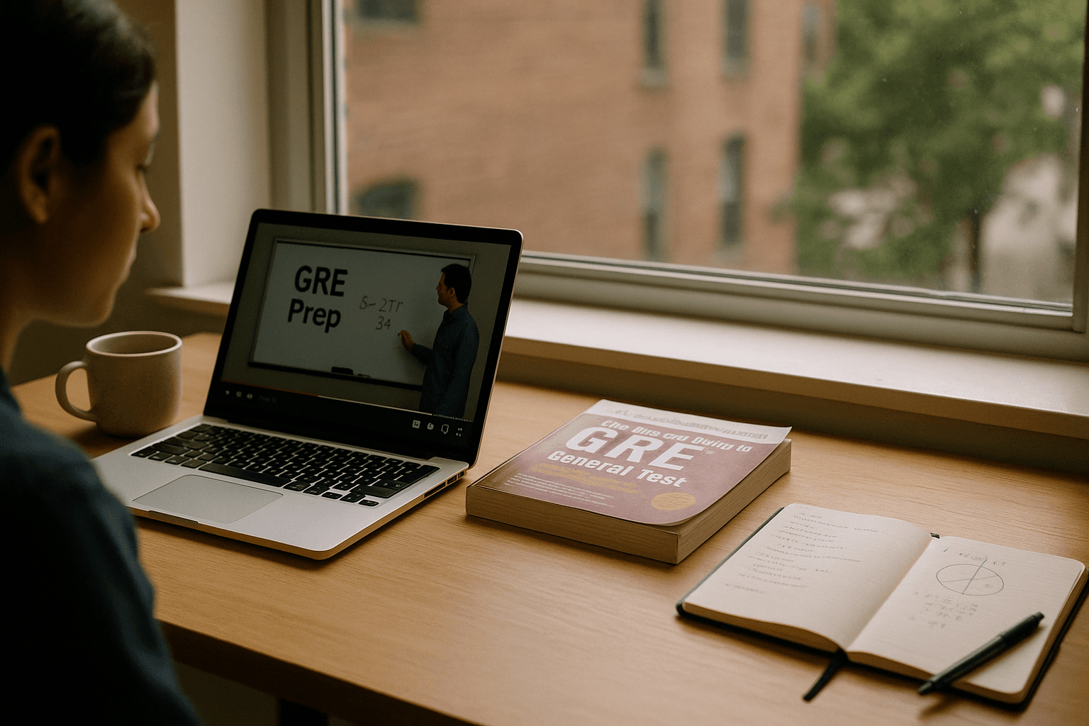 Study desks with laptop and GRE prep materials