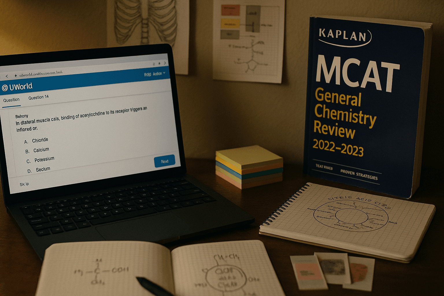 Comparison of UWorld and Kaplan MCAT prep materials on a desk