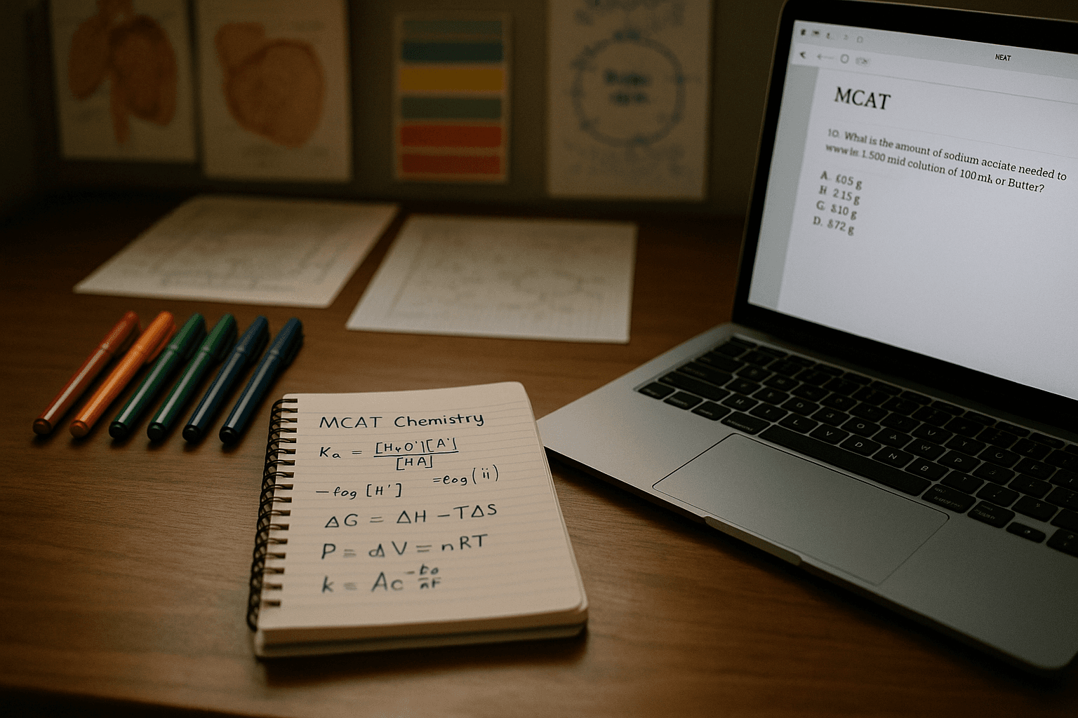 Spiral notebook with MCAT equations and a laptop displaying practice questions