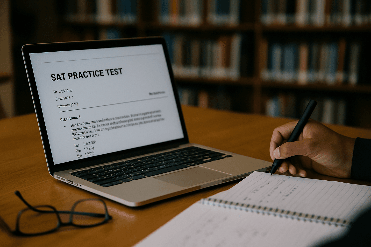 Laptop showing digital SAT practice test with notepad and glasses